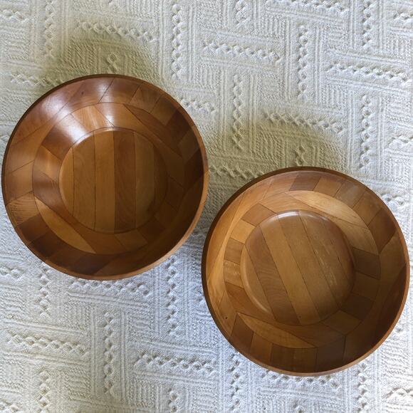 Vintage Segmented Wood Salad Bowls Set of 2 (10") Mid‑Century Modern Serving - Picture 2 of 11